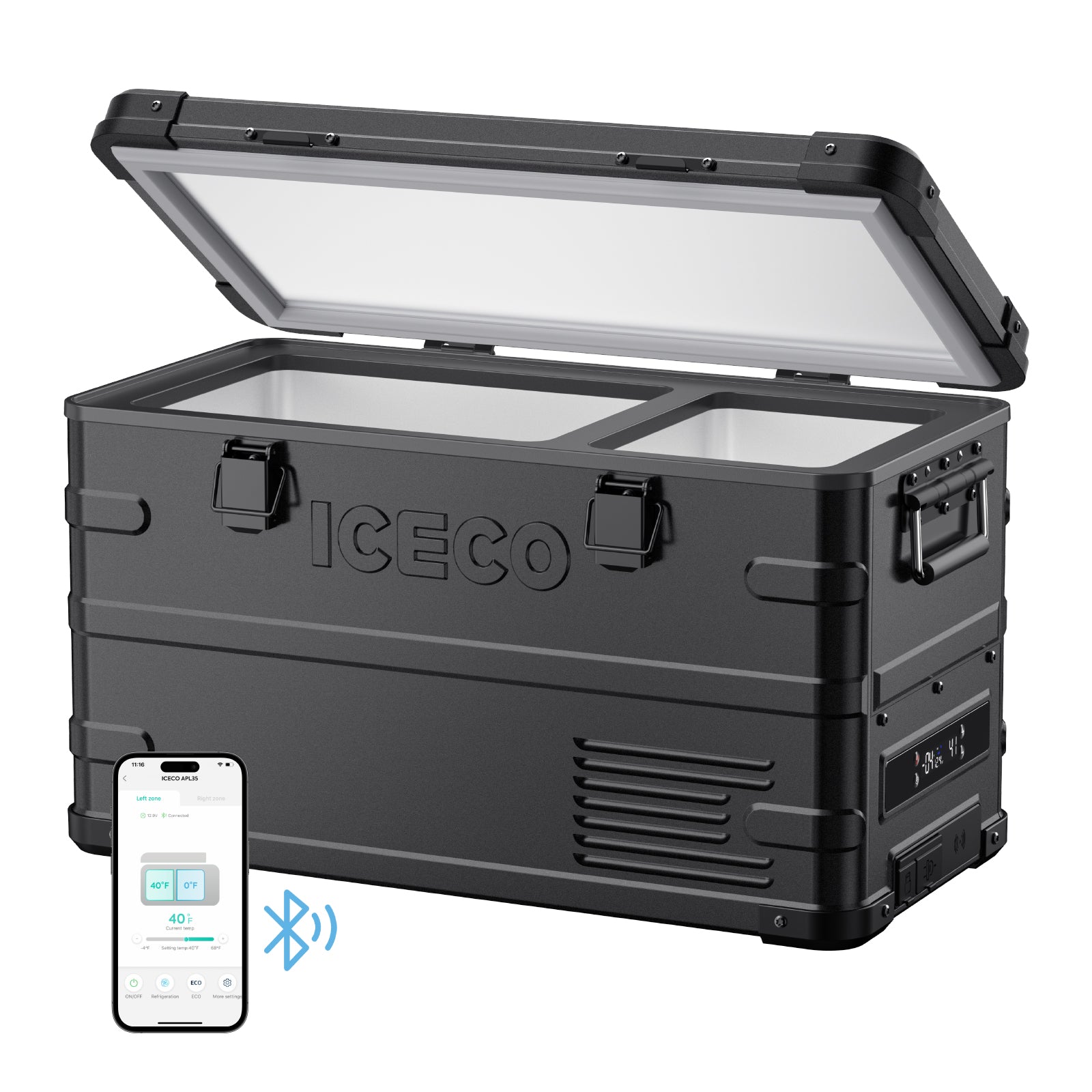 37QT APL35-Black Aluminum Freezer With Magnetic Power Bank | ICECO-Portable Fridge-www.icecofreezesale.com