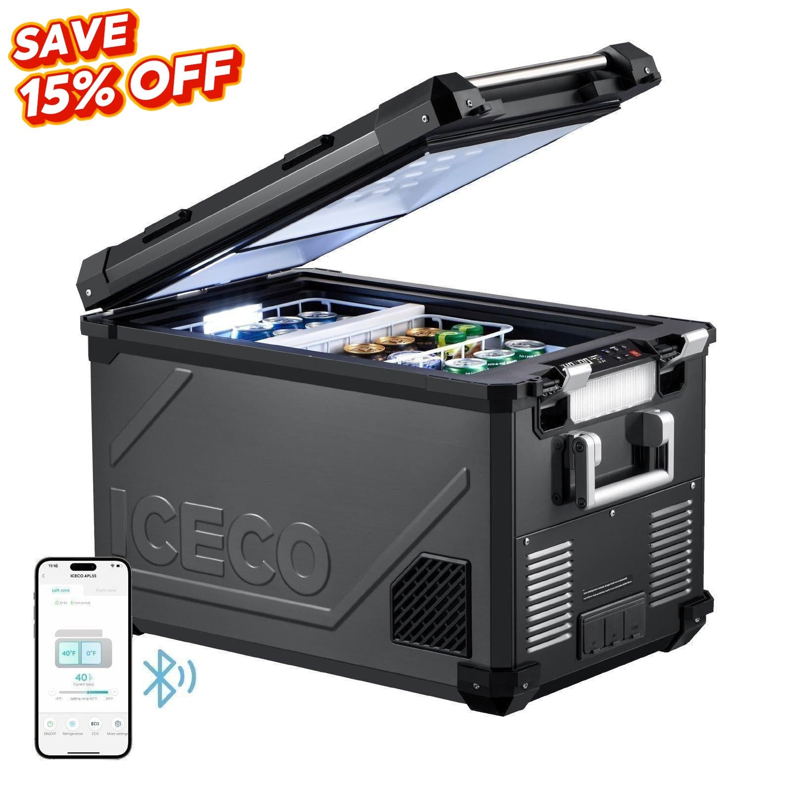 ICECO APL55-Black  58Qt dual zone fridge freezer, portable fridge for camping and overland adventures, ideal for long-term RV use-www.icecofreezesale.com
