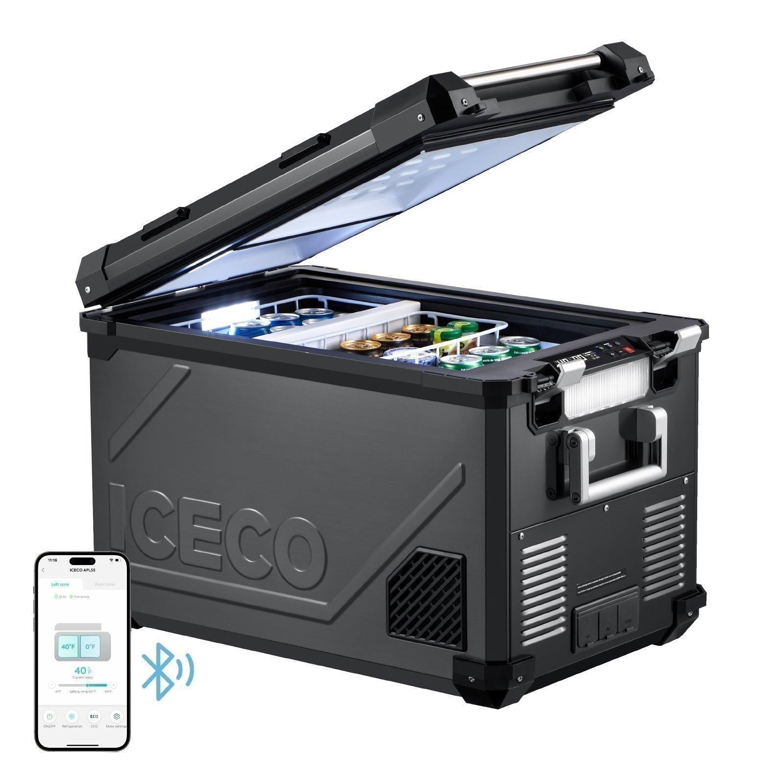 ICECO APL55-Black  58Qt dual zone fridge freezer, portable fridge for camping and overland adventures, ideal for long-term RV use-www.icecofreezesale.com