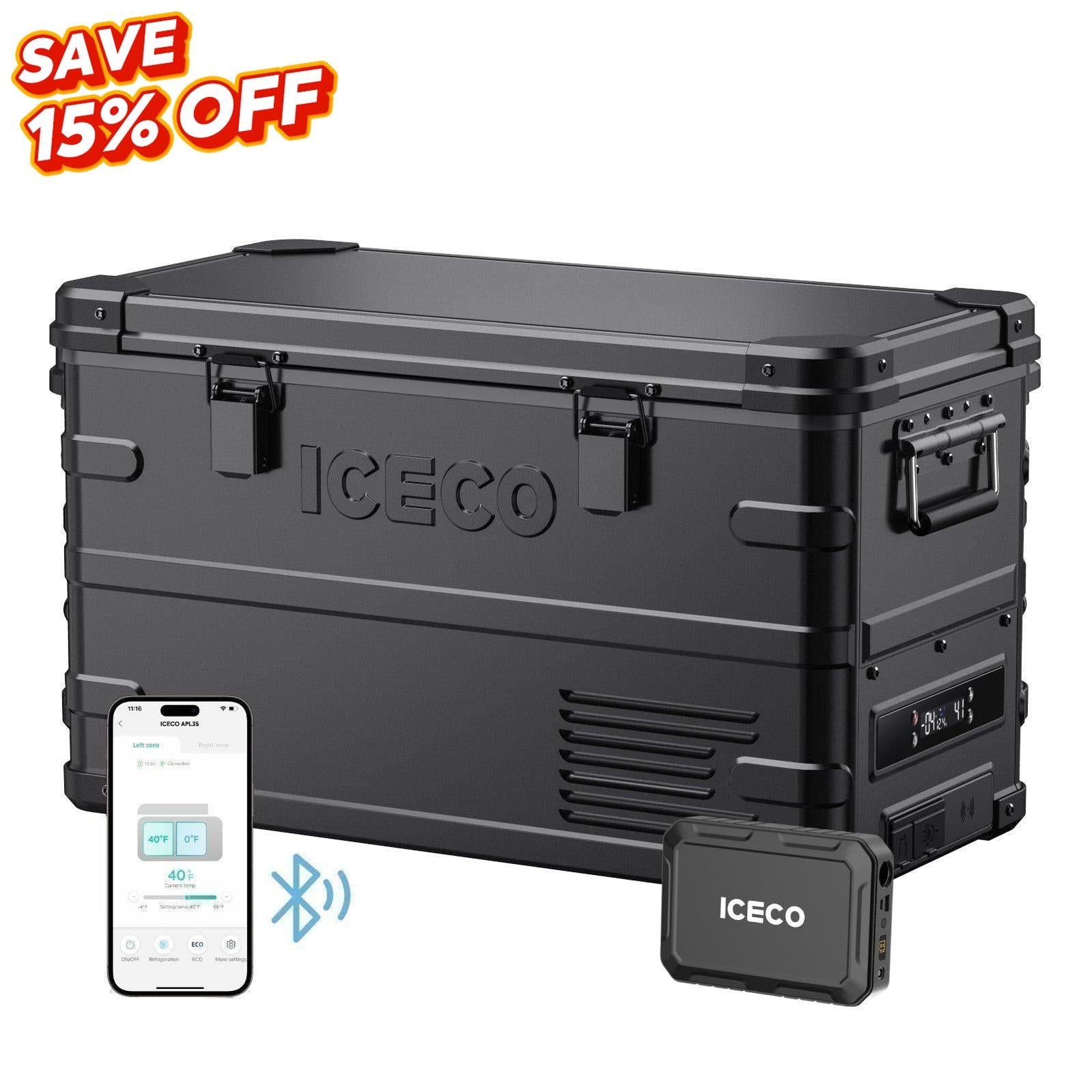 37QT APL35-Black Aluminum Freezer With Magnetic Power Bank | ICECO-Portable Fridge-www.icecofreezesale.com