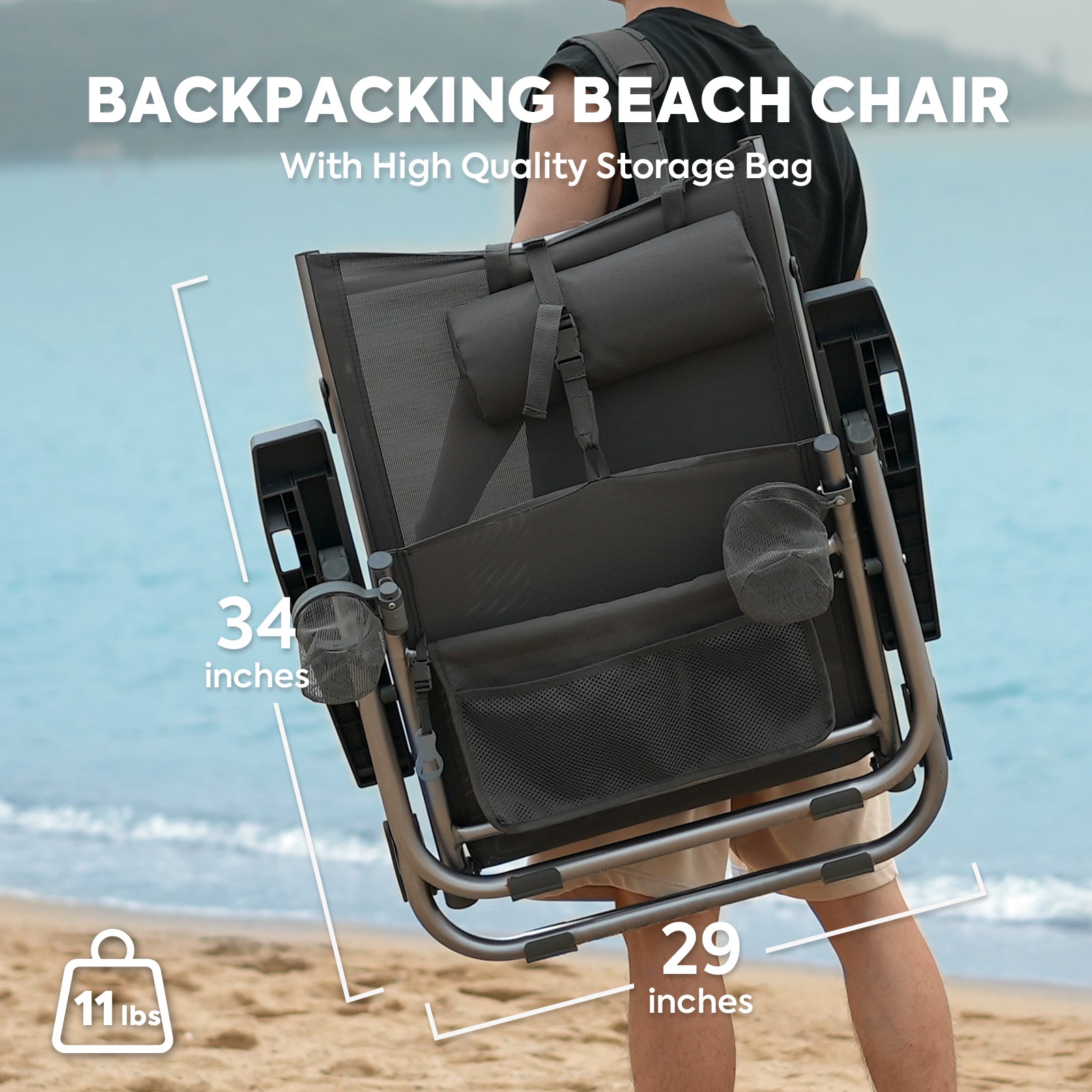 ICECO Bora Beach Chairs for Adults, 5 Positions Reclining & Folding Beach Chair with Headrests, Backpack Beach Chair with Backpack Straps & Storage Bag for Beach, Pool, Patio