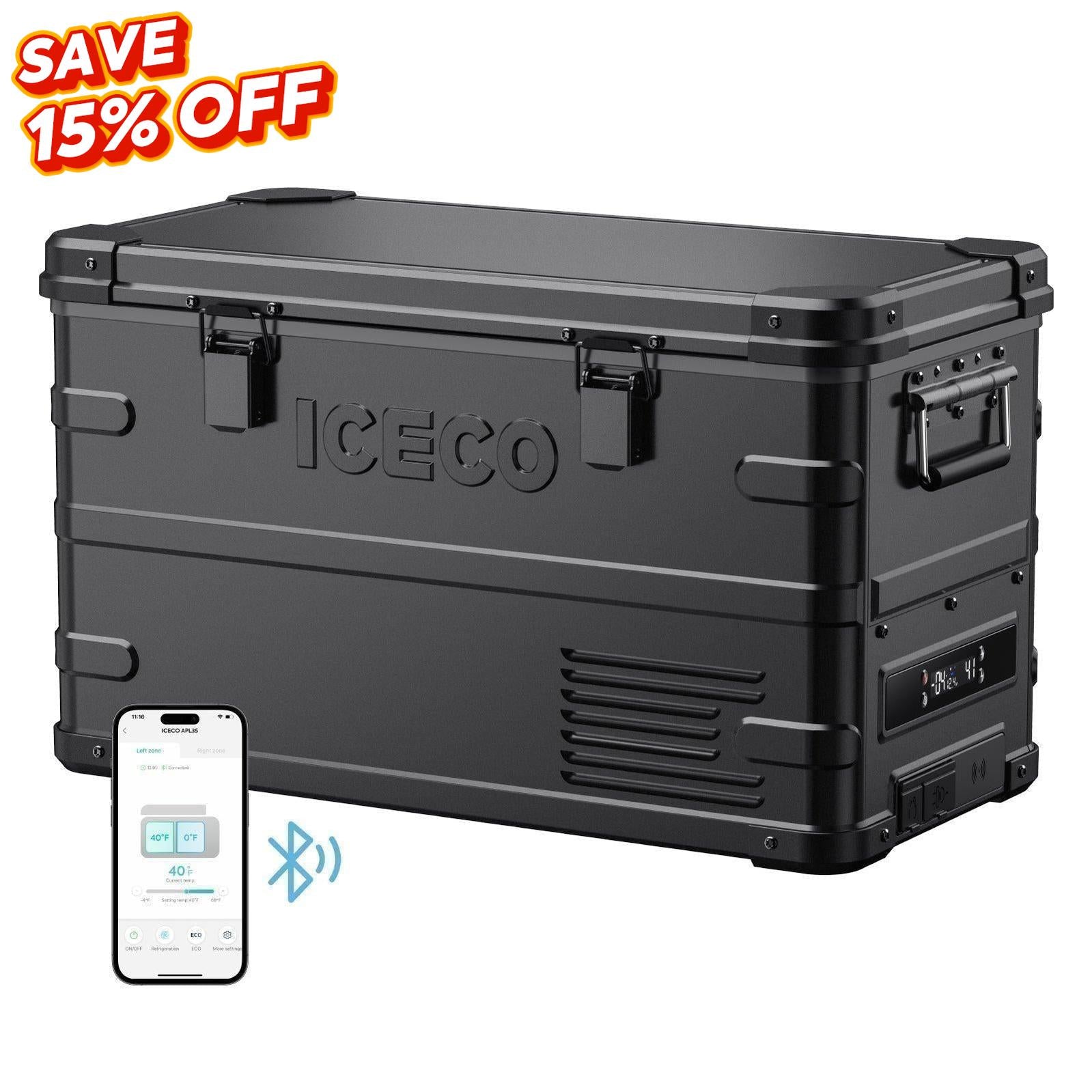 37QT APL35-Black Aluminum Freezer With Magnetic Power Bank | ICECO-Portable Fridge-www.icecofreezesale.com