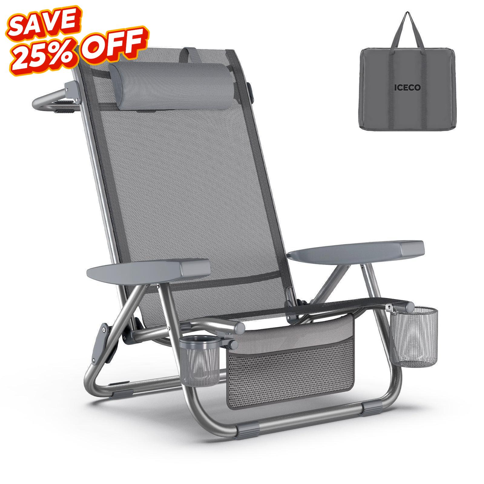 ICECO Bora Beach Chairs for Adults, 5 Positions Reclining & Folding Beach Chair with Headrests, Backpack Beach Chair with Backpack Straps & Storage Bag for Beach, Pool, Patio