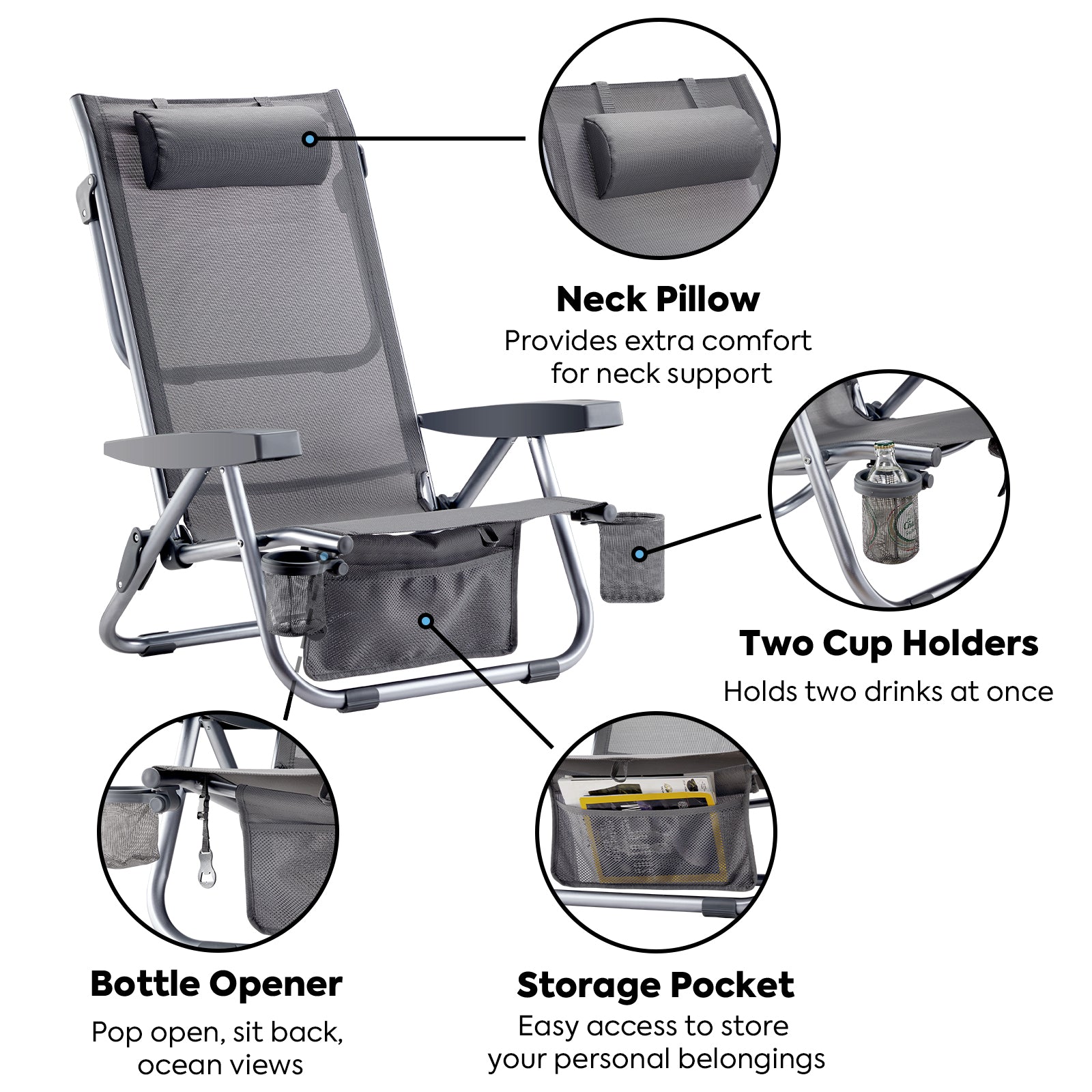 Bora 5-Position Reclining Folding Beach Chair with Headrest for Adults | ICECO-Outdoor Gear-www.icecofreezesale.com