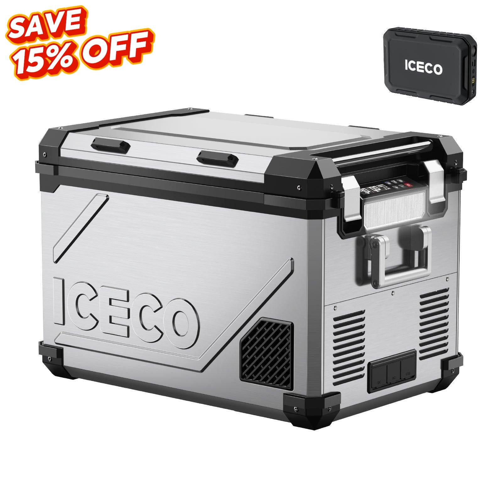ICECO APL55 58Qt dual zone fridge freezer with stainless steel body, smart app control, large camping fridge for RV and Overland trips-www.icecofreezesale.com