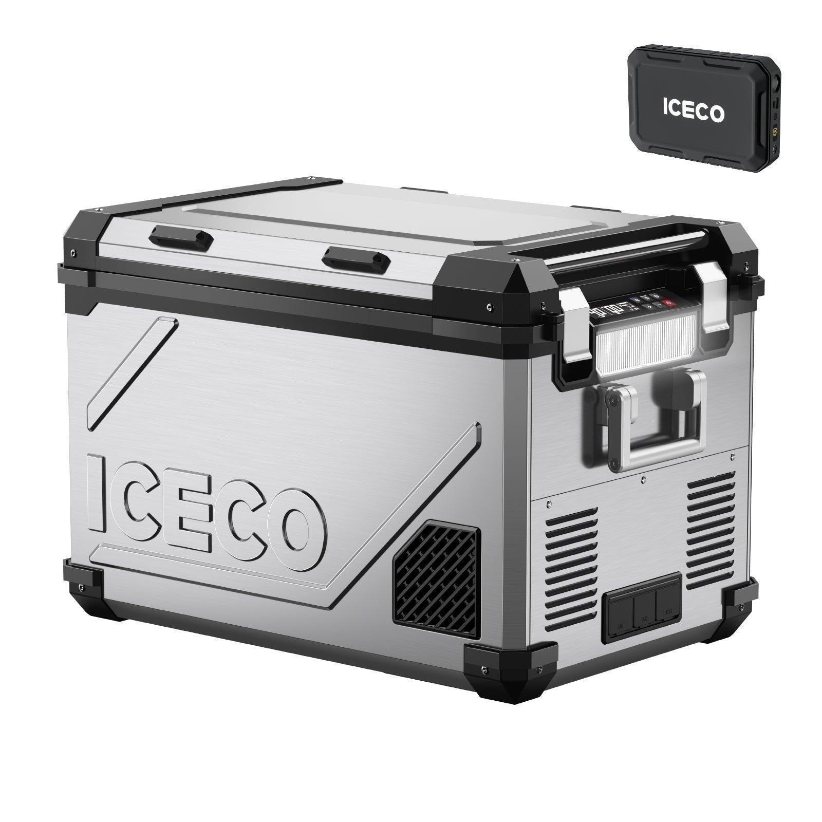 ICECO APL55 58Qt dual zone fridge freezer with stainless steel body, smart app control, large camping fridge for RV and Overland trips-www.icecofreezesale.com