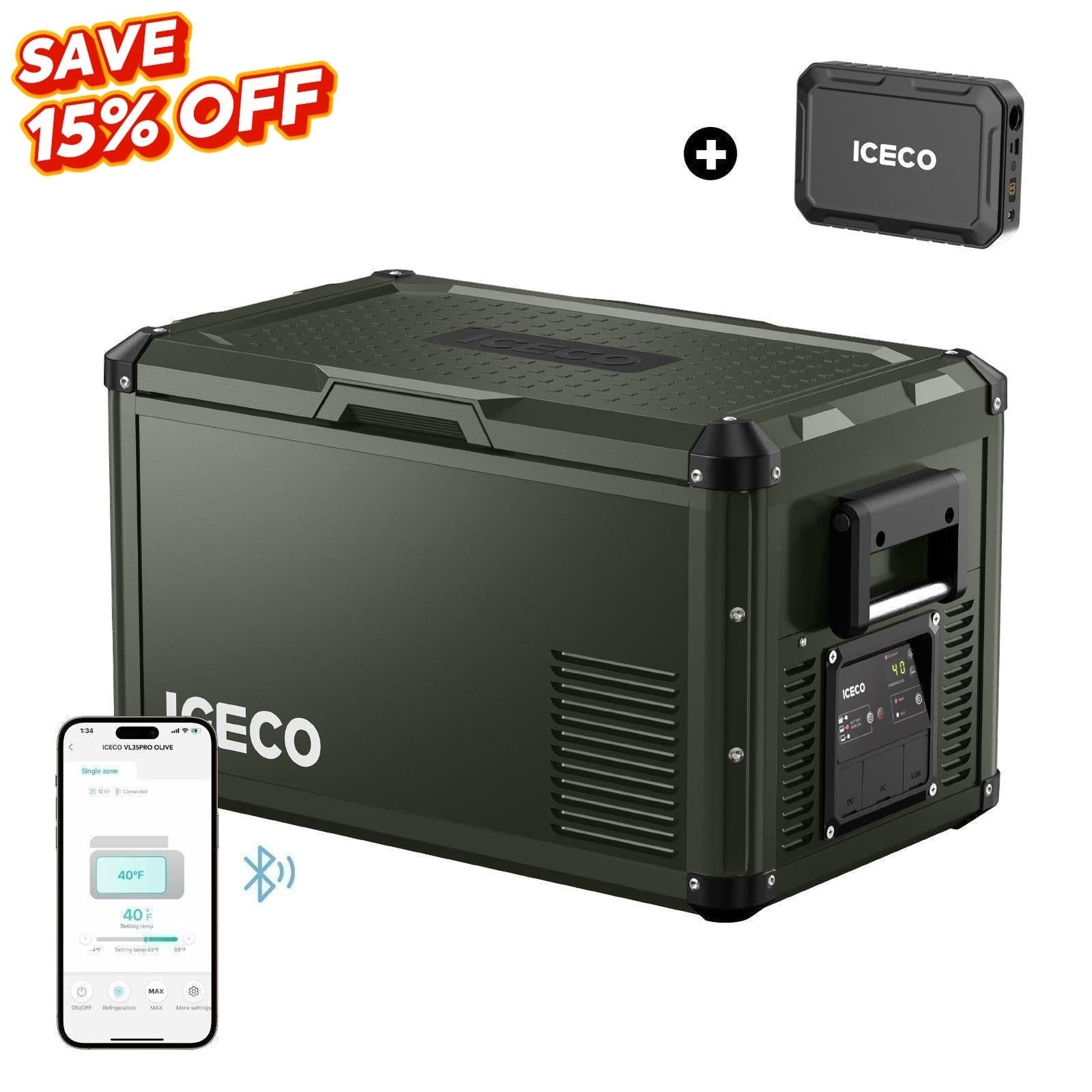 37QT VL35ProS Olive Single Zone Fridge With Magnetic Power Bank | ICECO-Portable Fridge-www.icecofreezesale.com